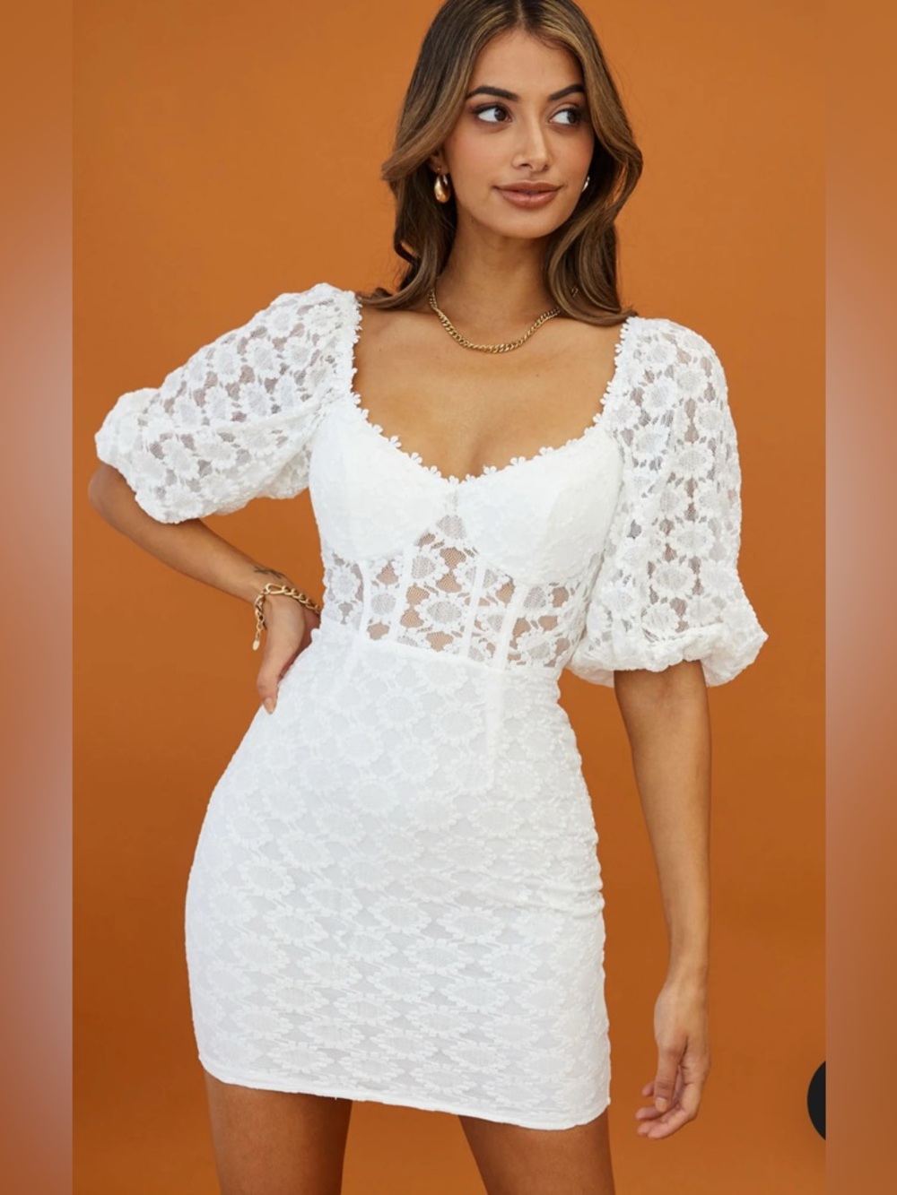 NWT White Lace Puff-Sleeve Mini Dress